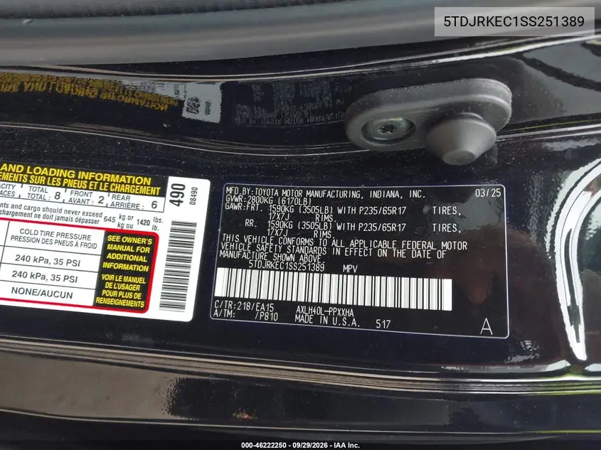 2025 TOYOTA SIENNA VIN 5TDJRKEC1SS251389 — фото 9
