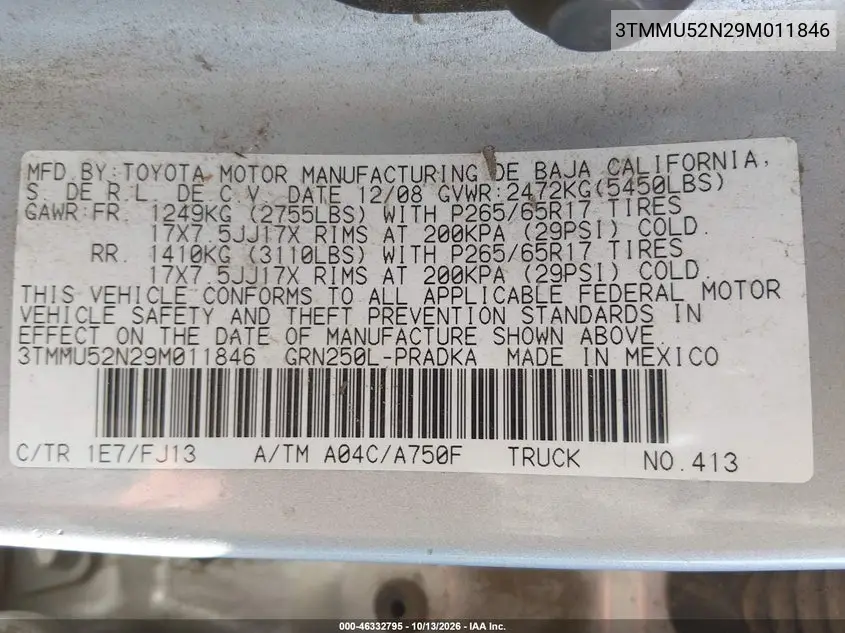 2009 TOYOTA TACOMA VIN 3TMMU52N29M011846 — фото 9