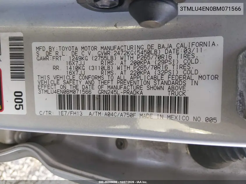 2011 TOYOTA TACOMA VIN 3TMLU4EN0BM071566 — фото 9