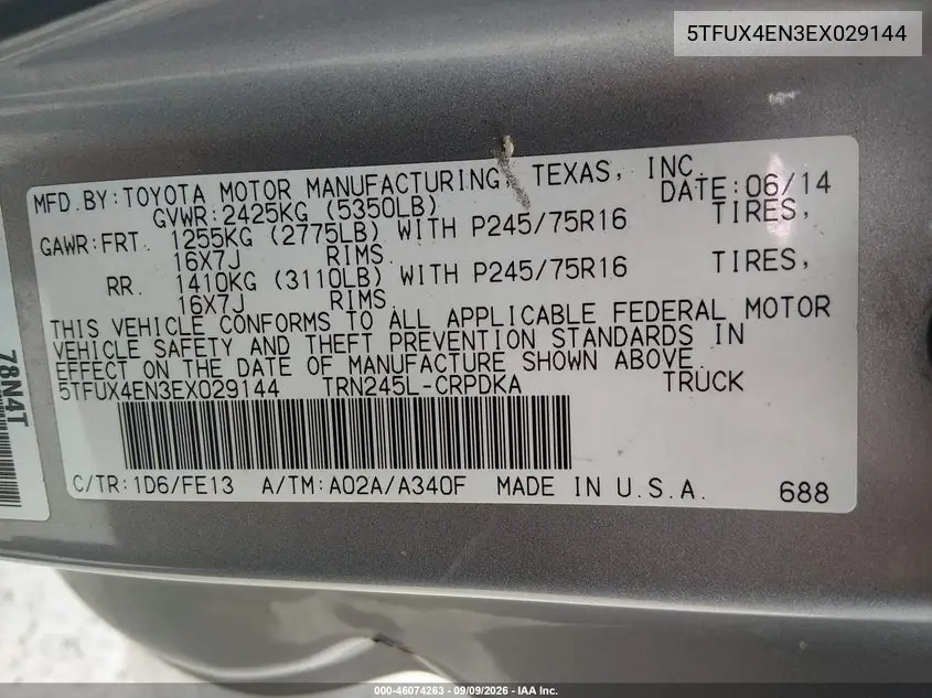 2014 TOYOTA TACOMA VIN 5TFUX4EN3EX029144 — фото 9