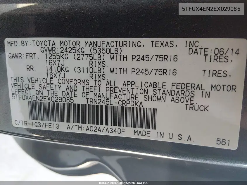2014 TOYOTA TACOMA VIN 5TFUX4EN2EX029085 — фото 9