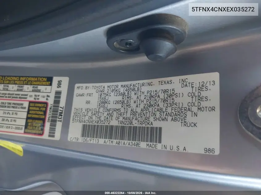 2014 TOYOTA TACOMA VIN 5TFNX4CNXEX035272 — фото 9