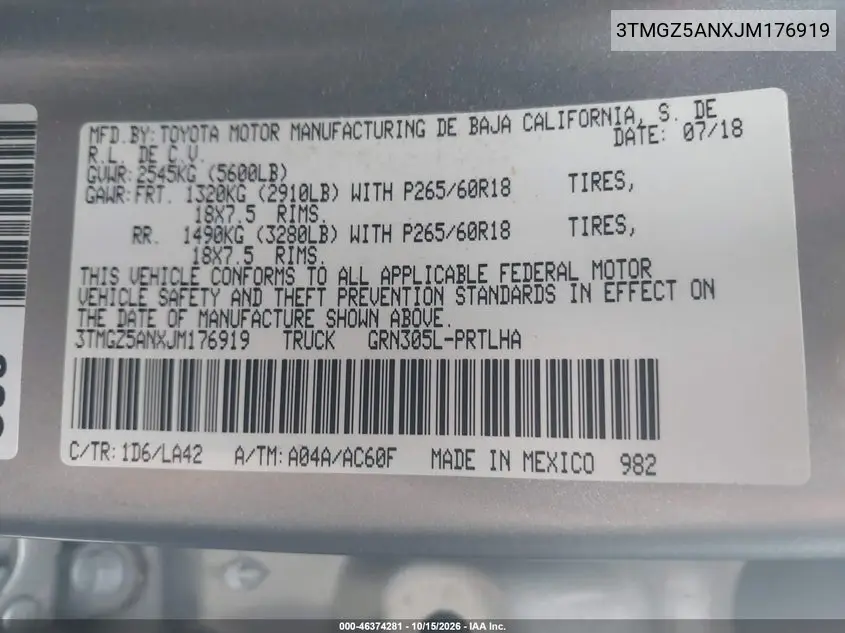 2018 TOYOTA TACOMA VIN 3TMGZ5ANXJM176919 — фото 9
