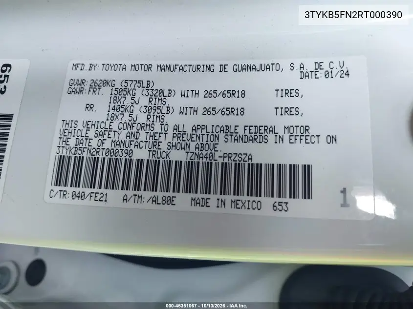 2024 TOYOTA TACOMA VIN 3TYKB5FN2RT000390 — фото 9