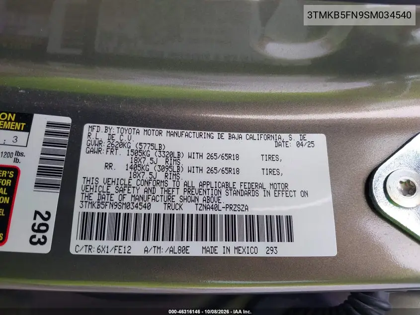 2025 TOYOTA TACOMA VIN 3TMKB5FN9SM034540 — фото 9