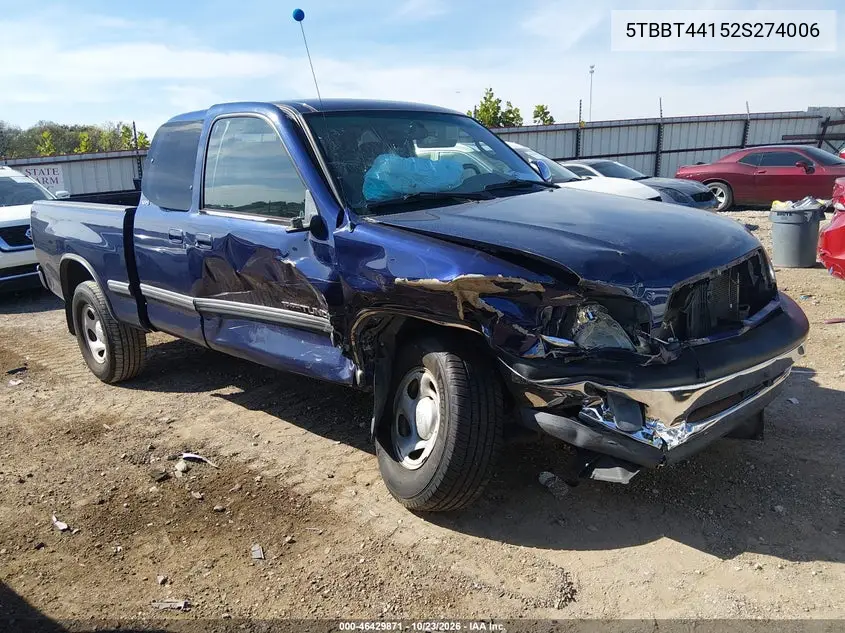 TOYOTA TUNDRA 2002, VIN 5TBBT44152S274006