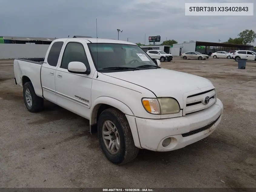TOYOTA TUNDRA 2003, VIN 5TBRT381X3S402843