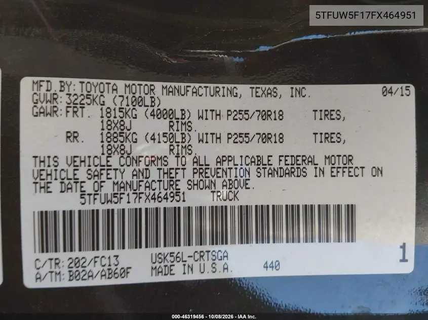 2015 TOYOTA TUNDRA VIN 5TFUW5F17FX464951 — фото 9