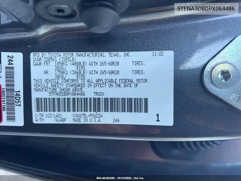 2023 TOYOTA TUNDRA VIN 5TFNA5DB0PX064486 — фото 9