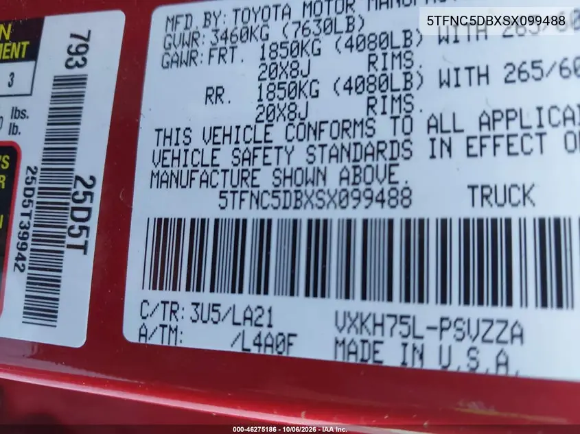 2025 TOYOTA TUNDRA VIN 5TFNC5DBXSX099488 — фото 9