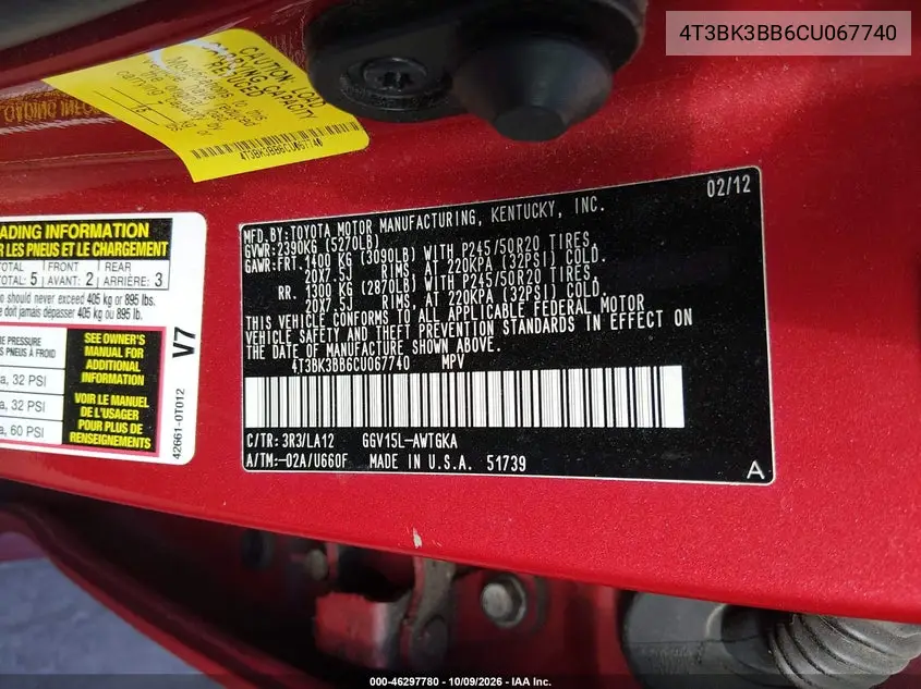 2012 TOYOTA VENZA VIN 4T3BK3BB6CU067740 — фото 9