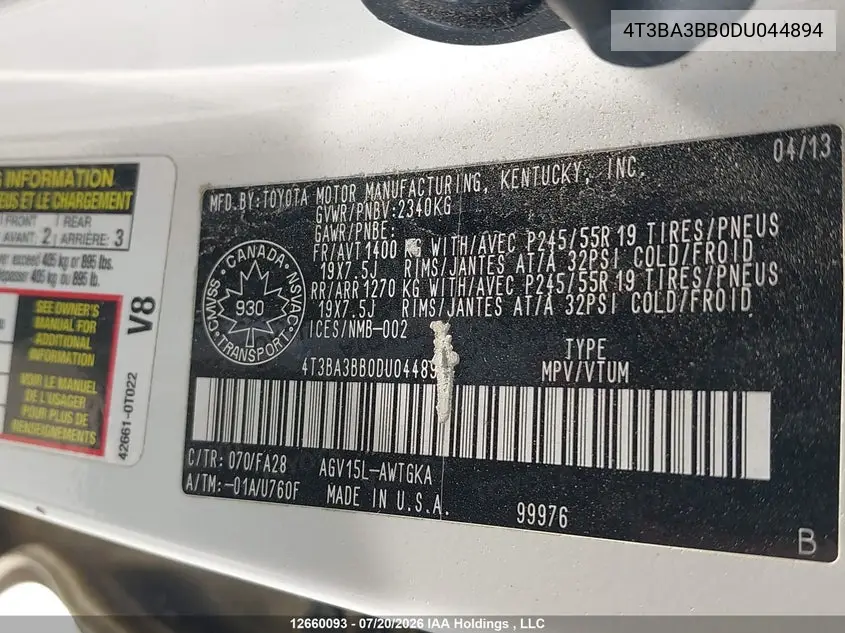 2013 TOYOTA VENZA VIN 4T3BA3BB0DU044894 — фото 19