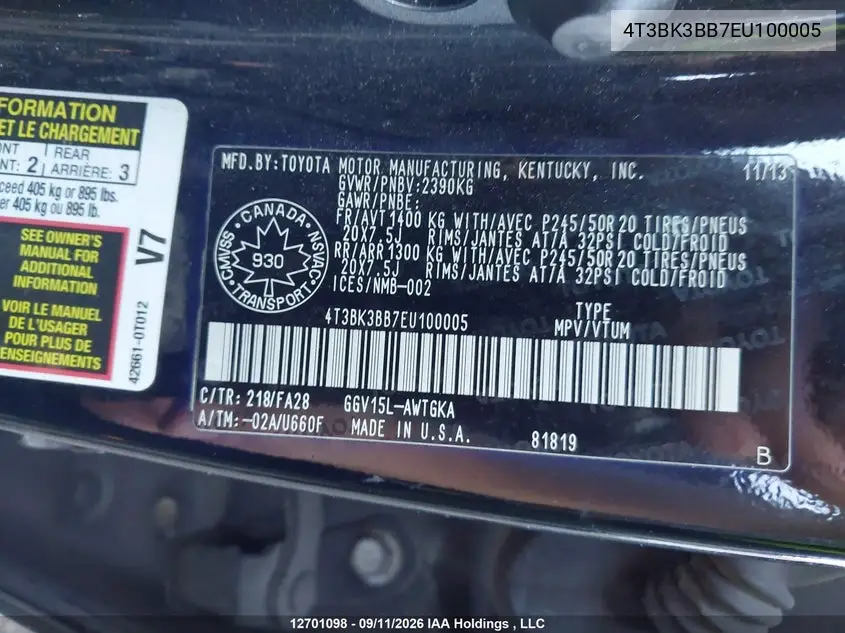 2014 TOYOTA VENZA VIN 4T3BK3BB7EU100005 — фото 9