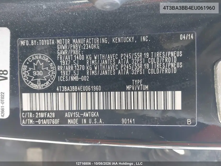 2014 TOYOTA VENZA VIN 4T3BA3BB4EU061960 — фото 9