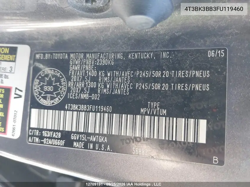 2015 TOYOTA VENZA VIN 4T3BK3BB3FU119460 — фото 9
