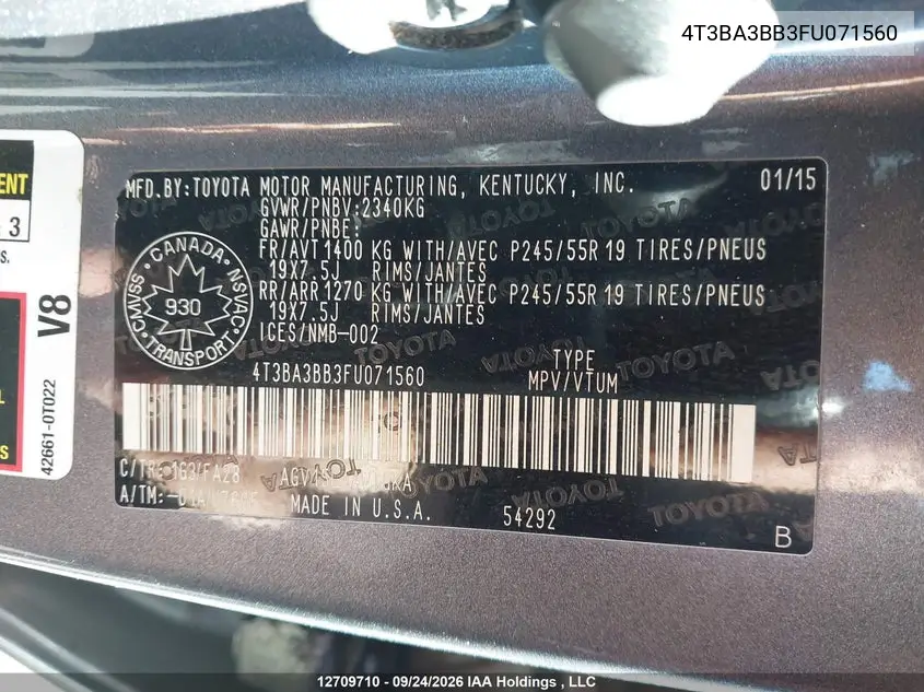 2015 TOYOTA VENZA VIN 4T3BA3BB3FU071560 — фото 9
