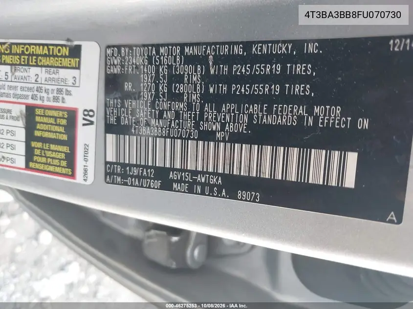 2015 TOYOTA VENZA VIN 4T3BA3BB8FU070730 — фото 9