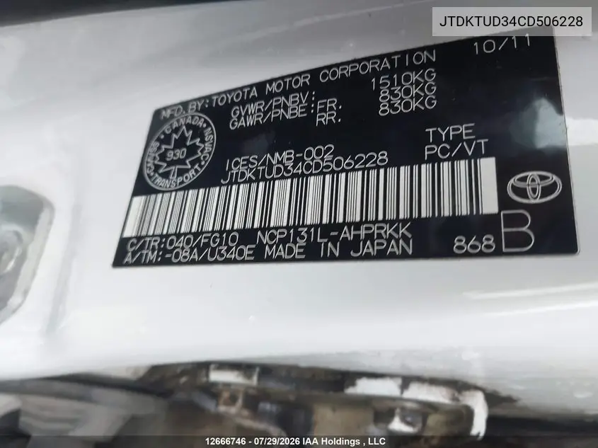 2012 TOYOTA YARIS VIN JTDKTUD34CD506228 — фото 18