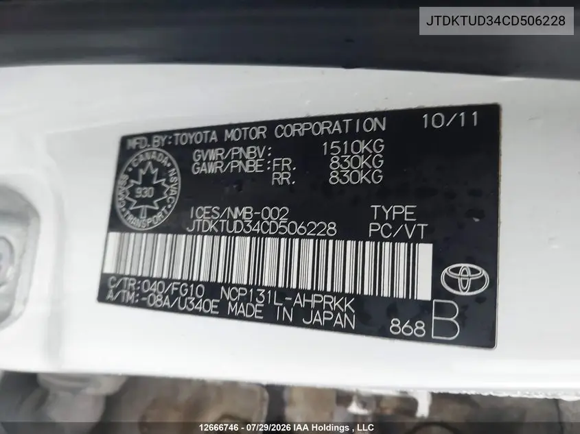 2012 TOYOTA YARIS VIN JTDKTUD34CD506228 — фото 9