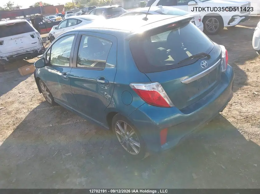 2012 TOYOTA YARIS VIN JTDKTUD35CD511423 — фото 3