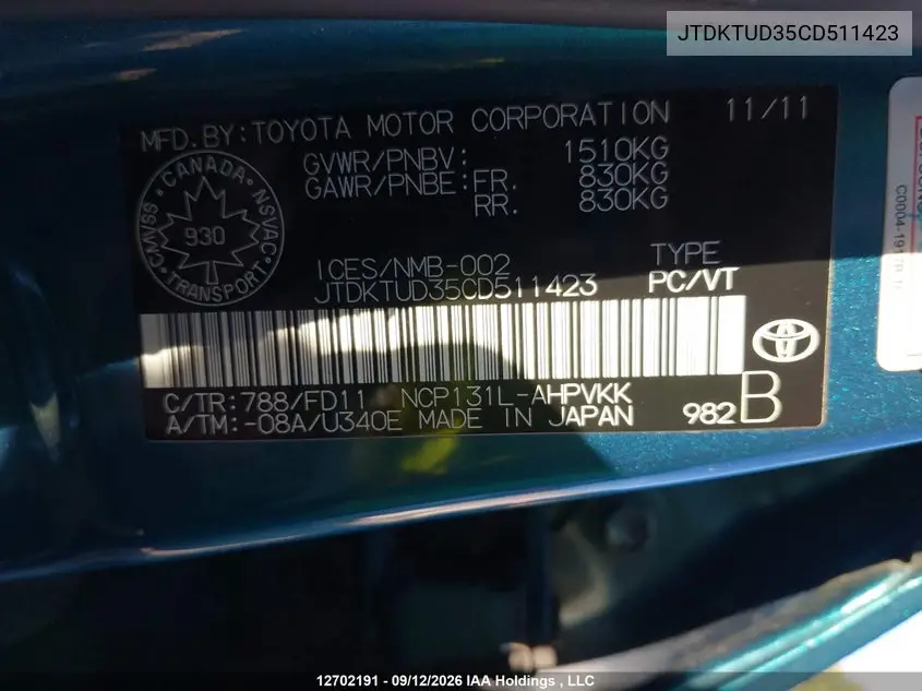 2012 TOYOTA YARIS VIN JTDKTUD35CD511423 — фото 9