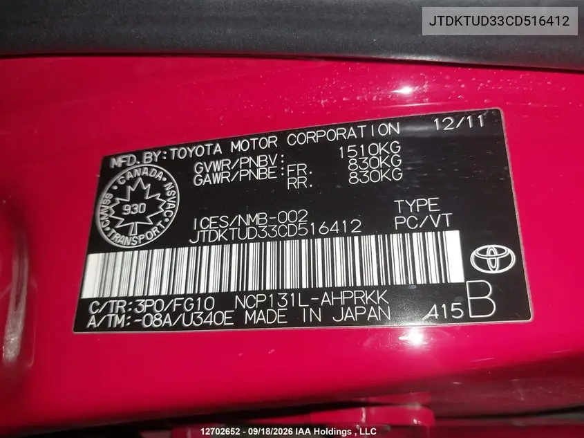 2012 TOYOTA YARIS VIN JTDKTUD33CD516412 — фото 19