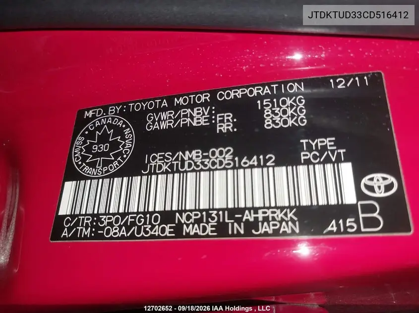 2012 TOYOTA YARIS VIN JTDKTUD33CD516412 — фото 9