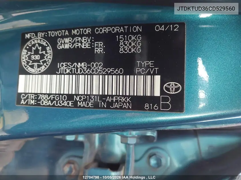 2012 TOYOTA YARIS VIN JTDKTUD36CD529560 — фото 9