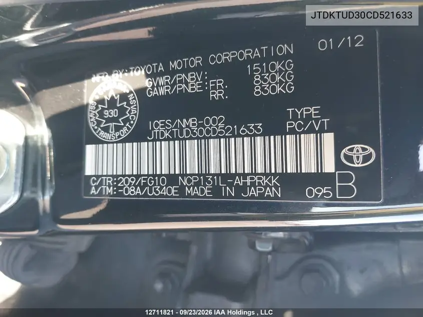 2012 TOYOTA YARIS VIN JTDKTUD30CD521633 — фото 9