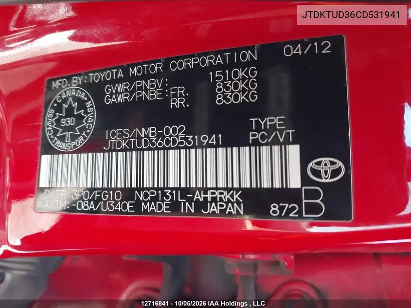 2012 TOYOTA YARIS VIN JTDKTUD36CD531941 — фото 9