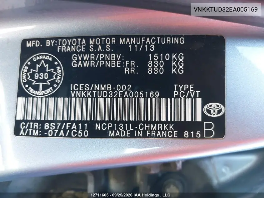 2014 TOYOTA YARIS VIN VNKKTUD32EA005169 — фото 18