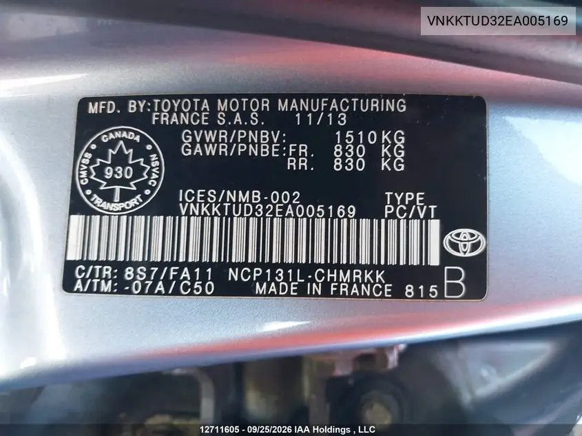 2014 TOYOTA YARIS VIN VNKKTUD32EA005169 — фото 9