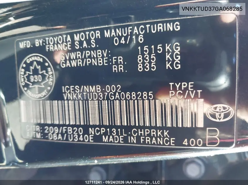 2016 TOYOTA YARIS VIN VNKKTUD37GA068285 — фото 19