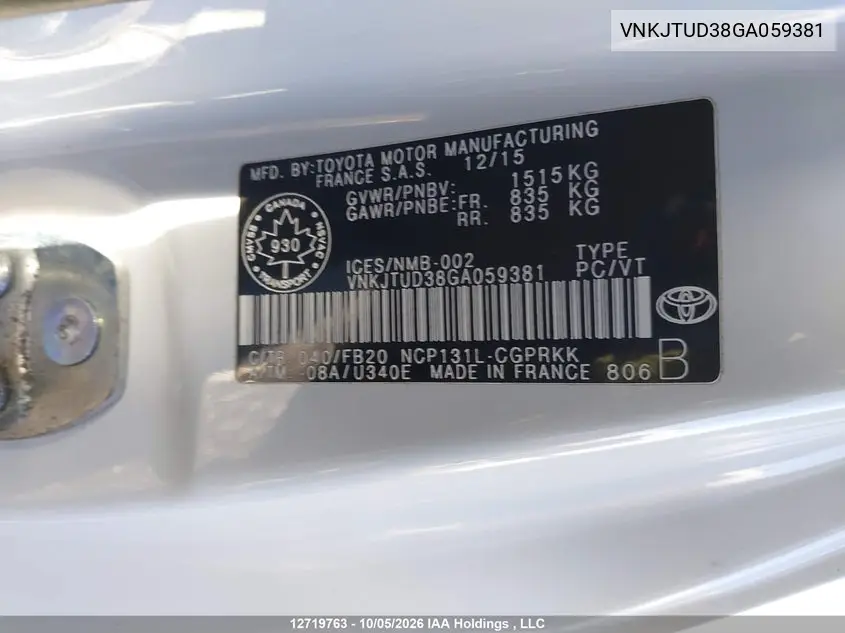 2016 TOYOTA YARIS VIN VNKJTUD38GA059381 — фото 17