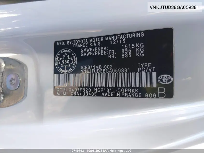 2016 TOYOTA YARIS VIN VNKJTUD38GA059381 — фото 9