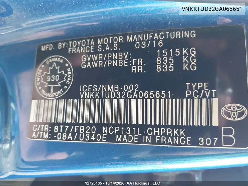 2016 TOYOTA YARIS VIN VNKKTUD32GA065651 — фото 21