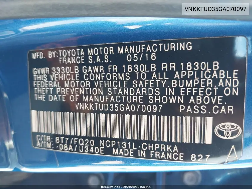 2016 TOYOTA YARIS VIN VNKKTUD35GA070097 — фото 9