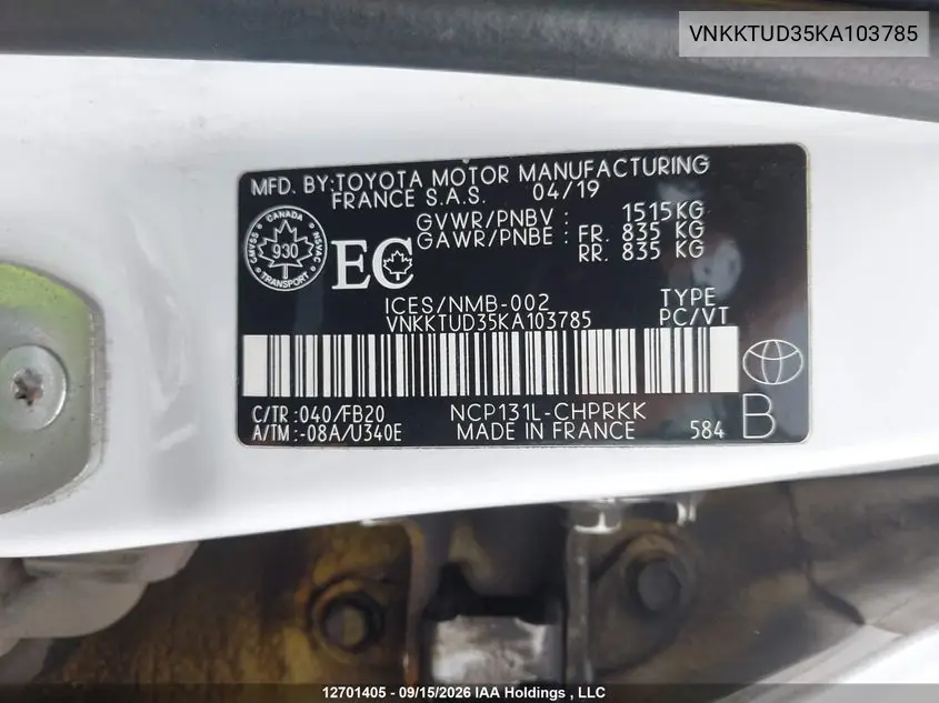 2019 TOYOTA YARIS VIN VNKKTUD35KA103785 — фото 9