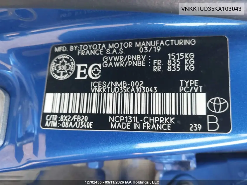 2019 TOYOTA YARIS VIN VNKKTUD35KA103043 — фото 20