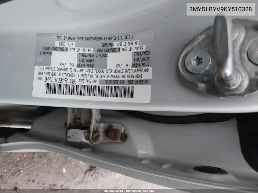 2019 TOYOTA YARIS VIN 3MYDLBYV9KY510328 — фото 9
