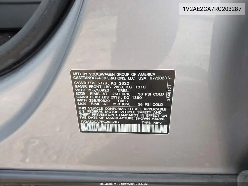 2024 VOLKSWAGEN ATLAS CROSS SPORT VIN 1V2AE2CA7RC203287 — фото 9
