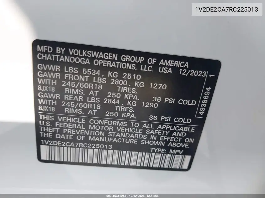 2024 VOLKSWAGEN ATLAS CROSS SPORT VIN 1V2DE2CA7RC225013 — фото 9