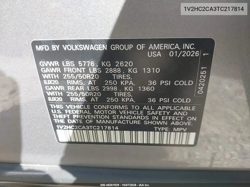 2026 VOLKSWAGEN ATLAS CROSS SPORT VIN 1V2HC2CA3TC217814 — фото 9