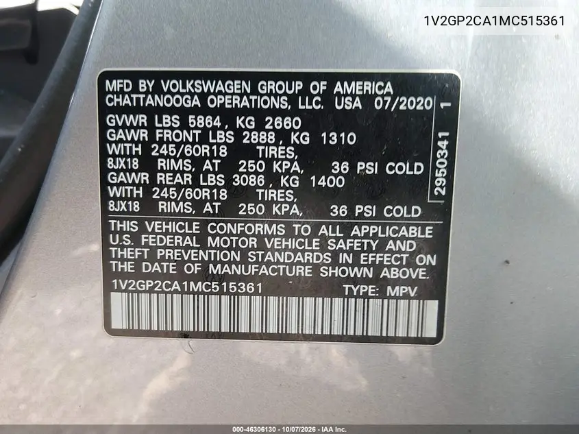 2021 VOLKSWAGEN ATLAS VIN 1V2GP2CA1MC515361 — фото 9