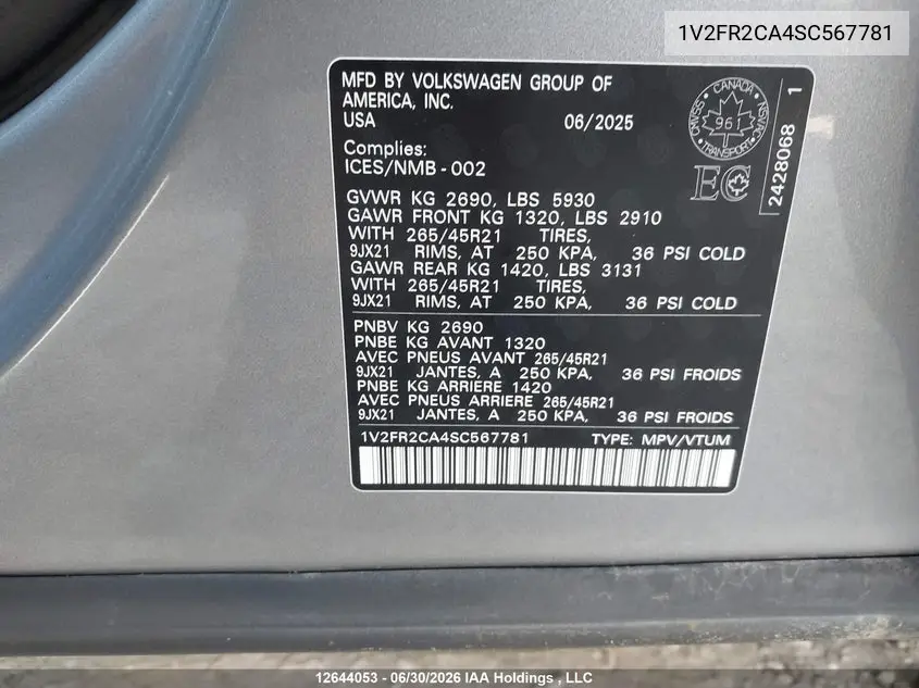 2025 VOLKSWAGEN ATLAS VIN 1V2FR2CA4SC567781 — фото 17