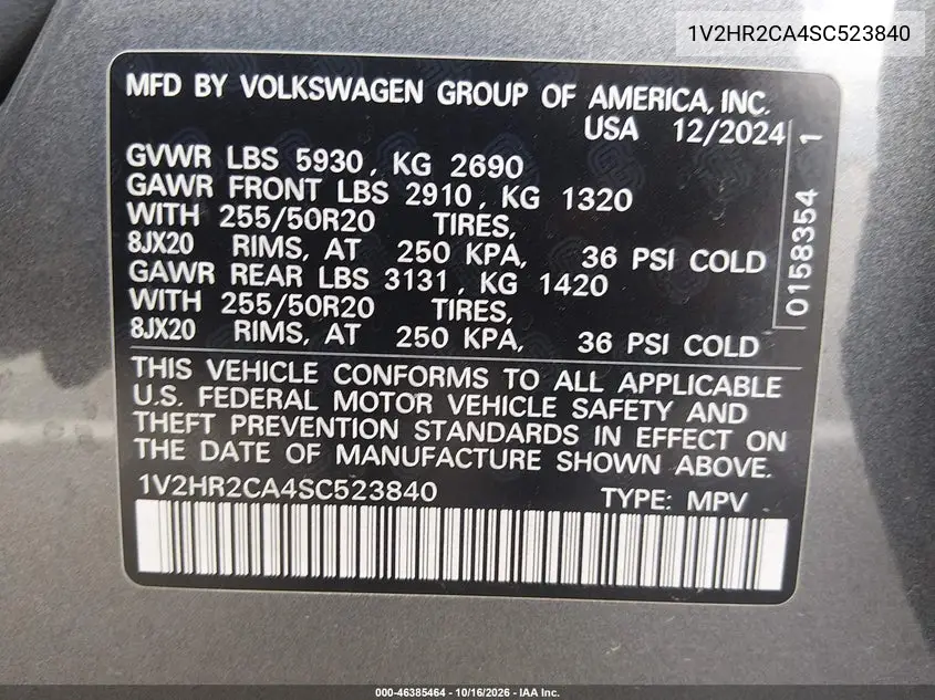 2025 VOLKSWAGEN ATLAS VIN 1V2HR2CA4SC523840 — фото 9