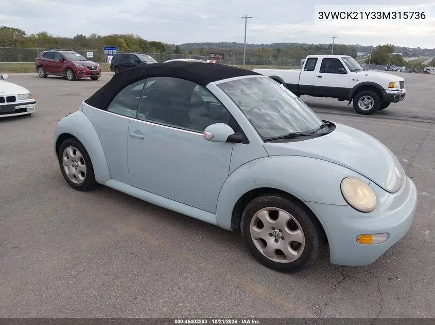 VOLKSWAGEN BEETLE 2003, VIN 3VWCK21Y33M315736