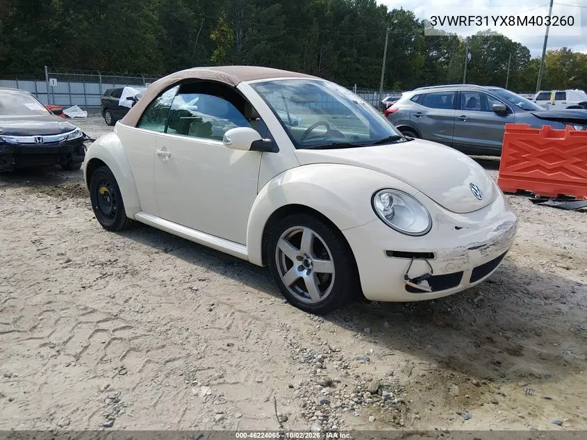 VOLKSWAGEN BEETLE 2008, VIN 3VWRF31YX8M403260