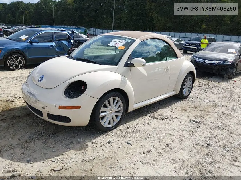 2008 VOLKSWAGEN BEETLE VIN 3VWRF31YX8M403260 — фото 2