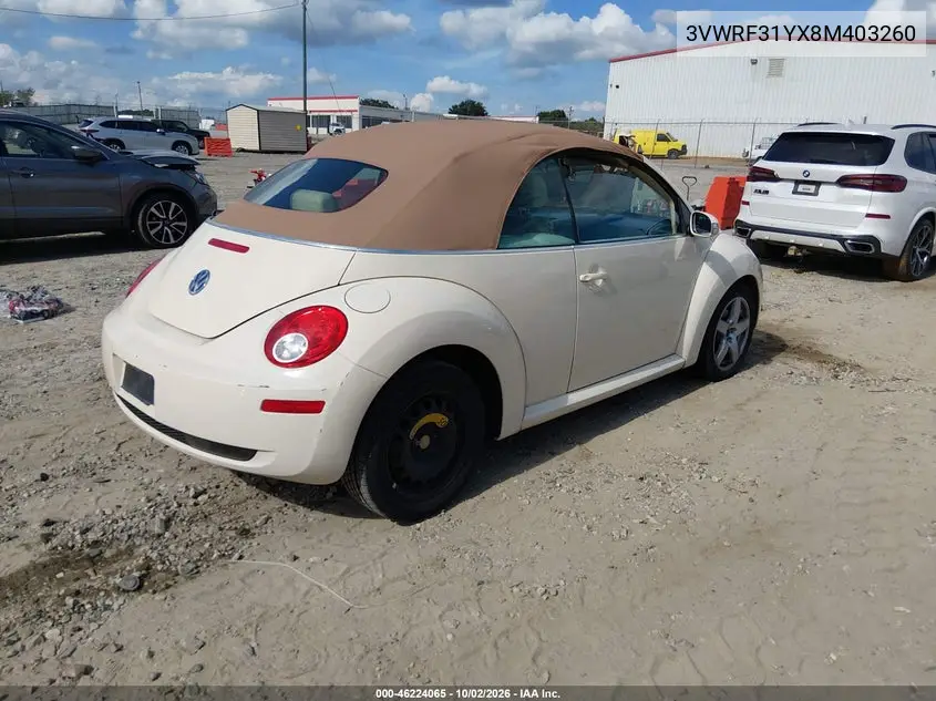 2008 VOLKSWAGEN BEETLE VIN 3VWRF31YX8M403260 — фото 4